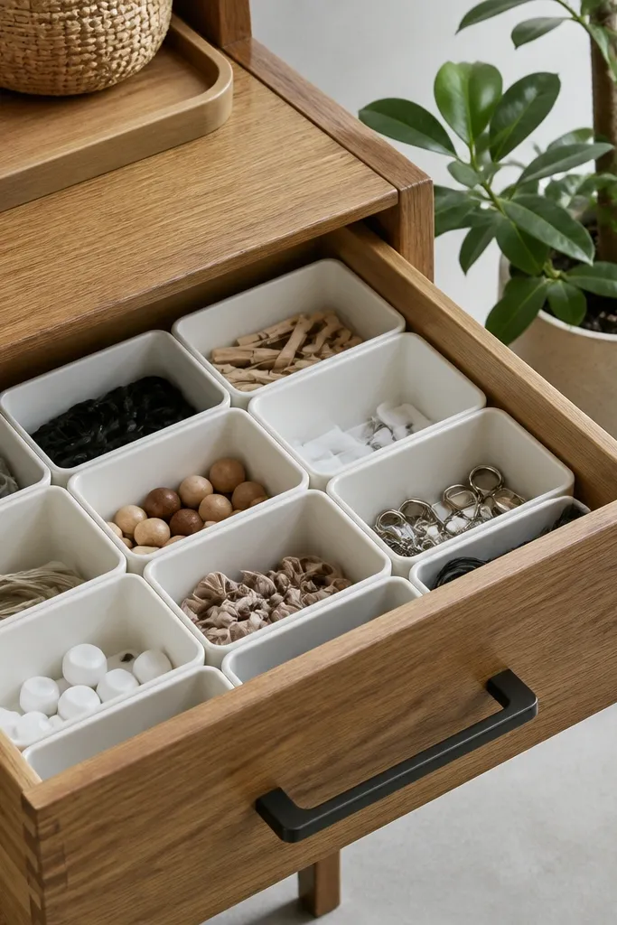 A drawer with several small bins sized like snack containers, each with a label, and a plant pot on a drip tray next to the drawer.