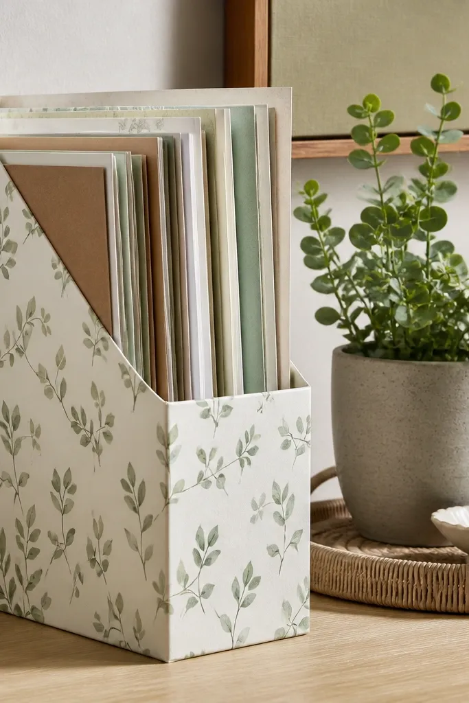 A drawer organizer made from a folded magazine file holding craft sheets, next to a plant pot on a tray.