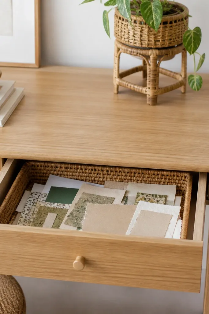 A drawer with a woven basket insert holding paper scraps and cardstock pieces. The basket sits neatly inside and the drawer front looks tidy. A woven plant stand sits on the desk.