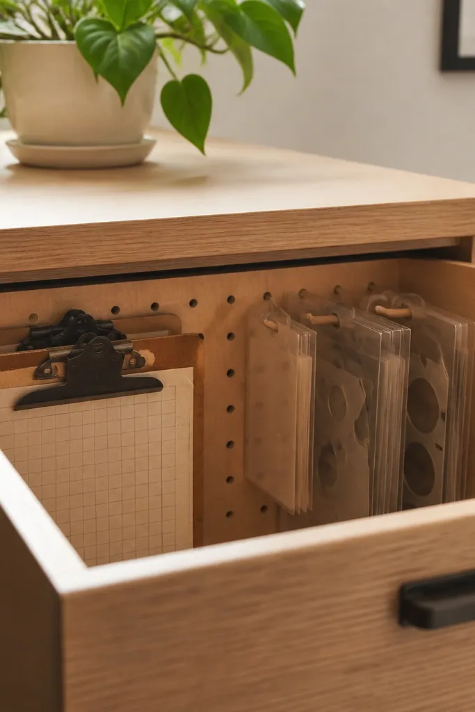 A drawer with a pegboard panel at the back. Clipboards and thin template folders hang using pegs. A plant is placed on the desk above the drawer.