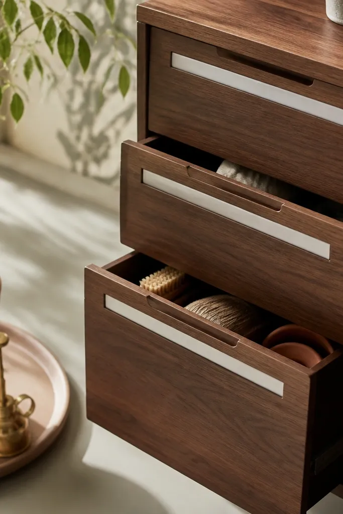 Drawer fronts with magnetic label strips inside the drawer system, plus a plant pot on a tray and a small watering tool nearby.