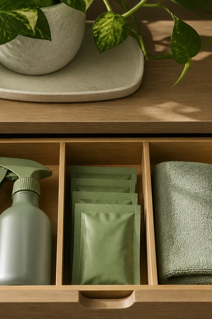 A drawer insert with three sections holding a spray bottle, plant food sachets, and a folded microfiber cloth, with a plant pot on a tray above.