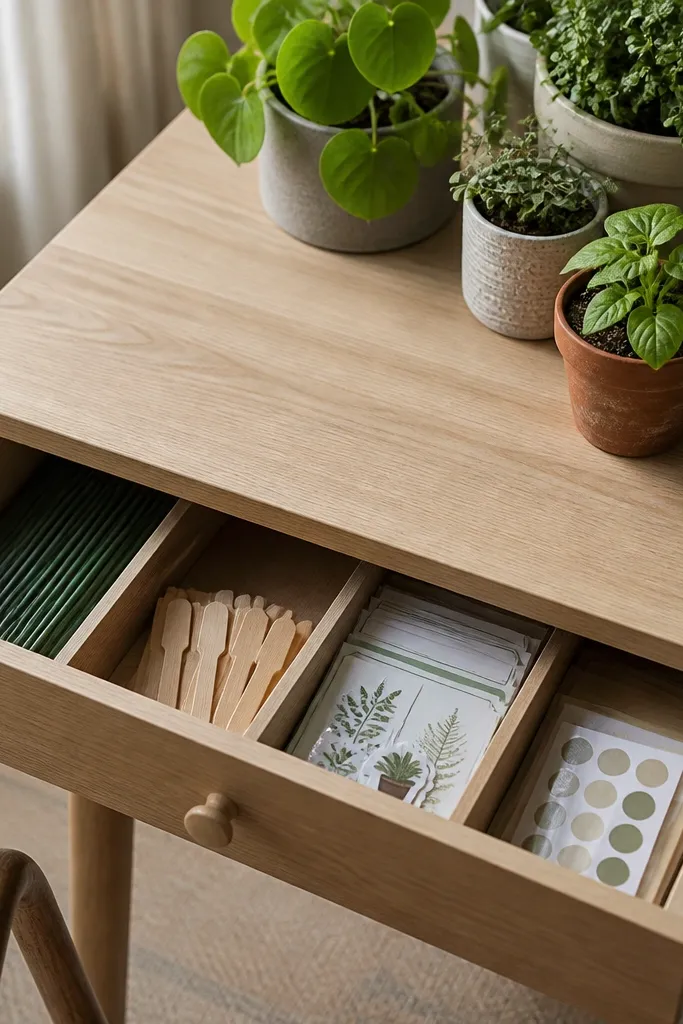 A narrow drawer divided into slim compartments. Plant stakes, plant labels, and sticker packs are stored vertically. A neat cluster of small plants sits on the desk top.