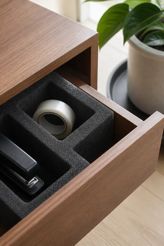 Two foam block corner compartments inside a drawer holding a stapler and tape roll, with a plant pot on a drip tray beside the desk.