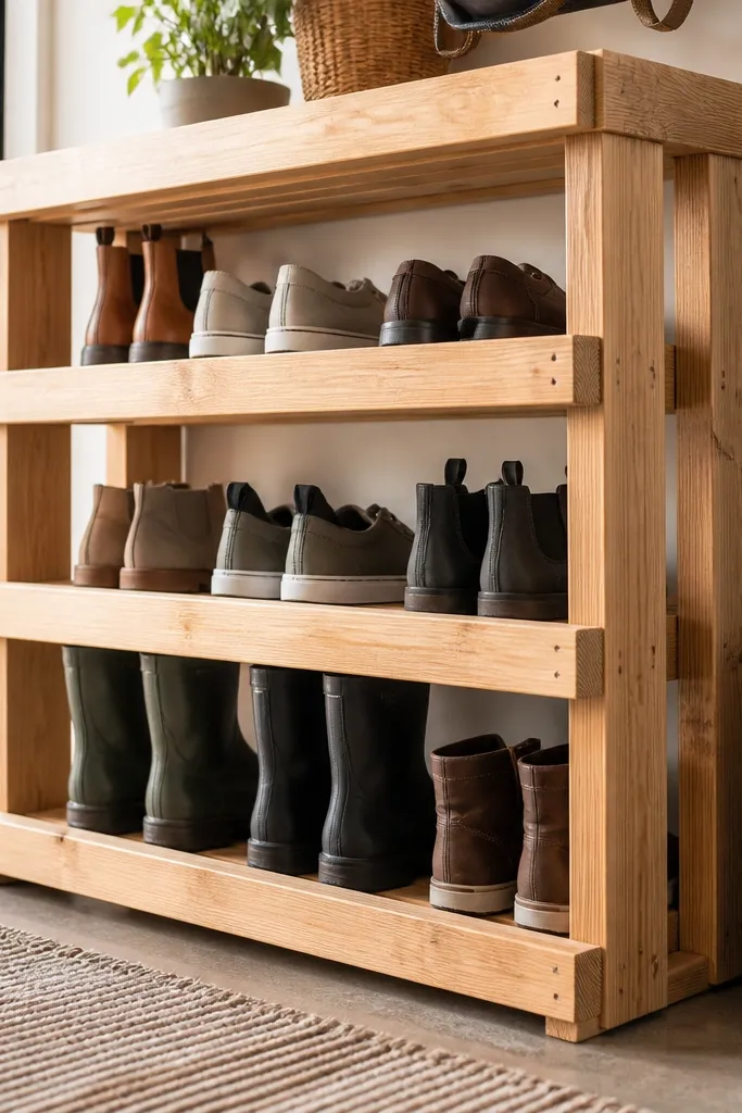 Wood slat shoe rack with a solid back panel and open front shelves