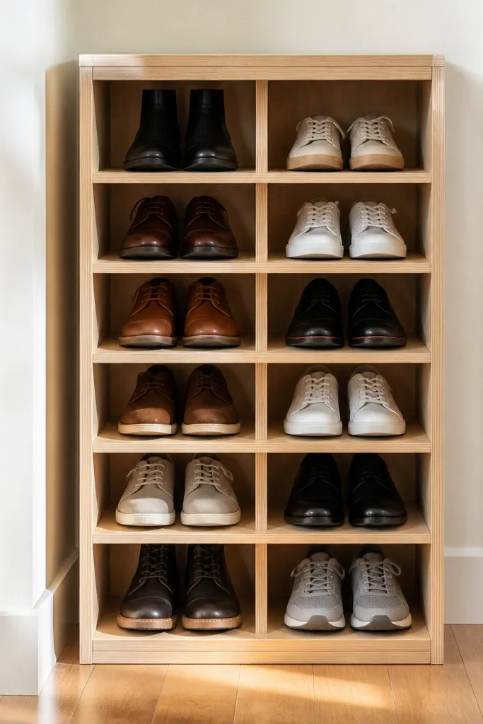 Boxy plywood shoe rack with a recessed top rail and neat compartments