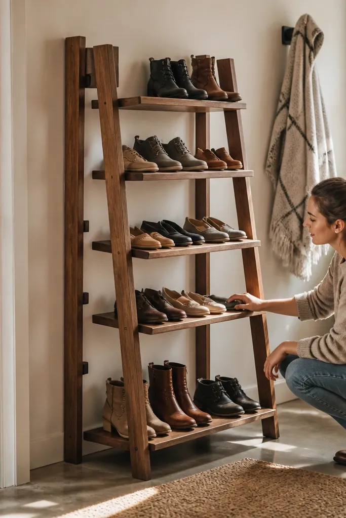Wood ladder-style shoe rack with staggered shelves and visible cleats