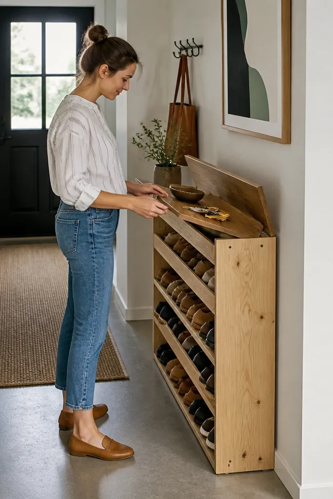 Narrow wood shoe rack with two rows and a flip-top tray above