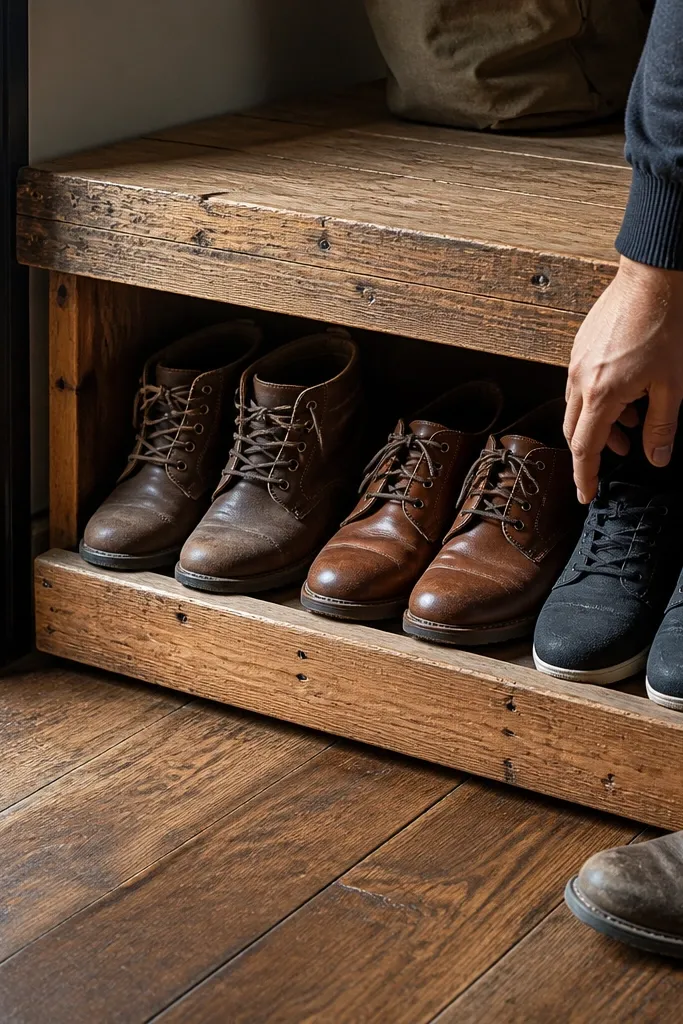 Wood shoe rack made from mixed boards with toe kick rails at the front