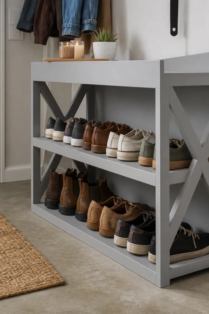 Wood shoe rack with X-bracing and two shelves, back panel tied in place