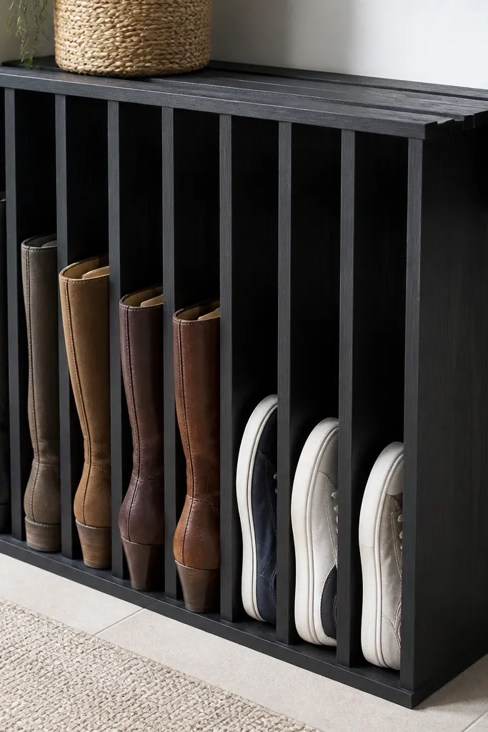 Vertical slat wood rack with narrow slots for shoes and boots