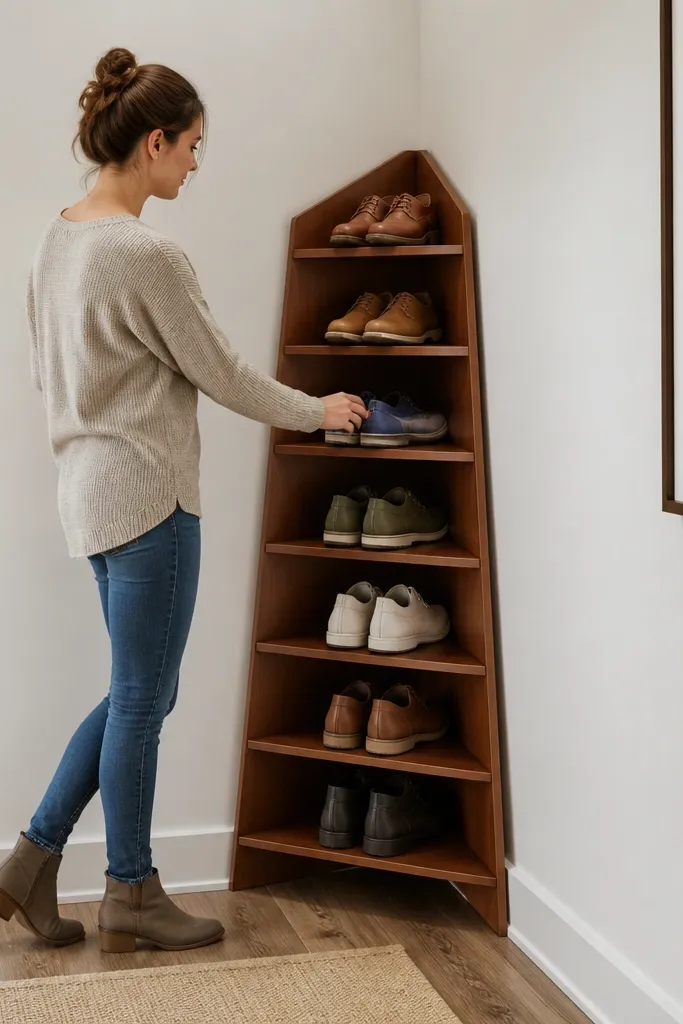 Corner triangle wood shoe rack with angled shelves and front stops