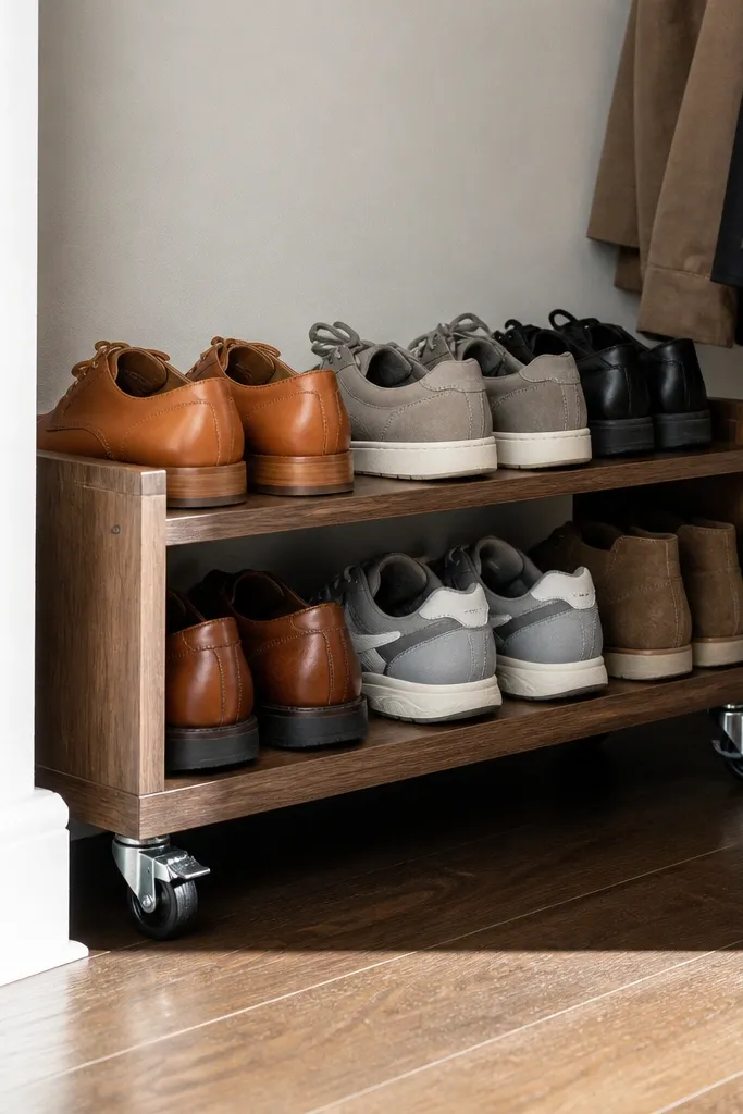 Wood shoe rack on locking casters with two open shelves
