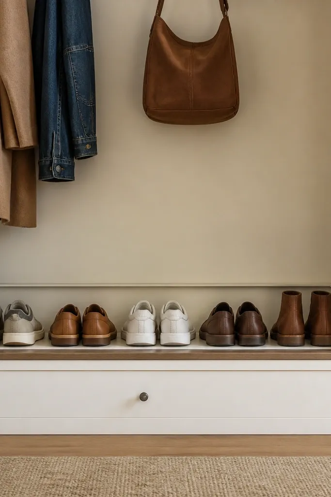 Wood shoe rack with a raised back panel and a flat front lip for shoes