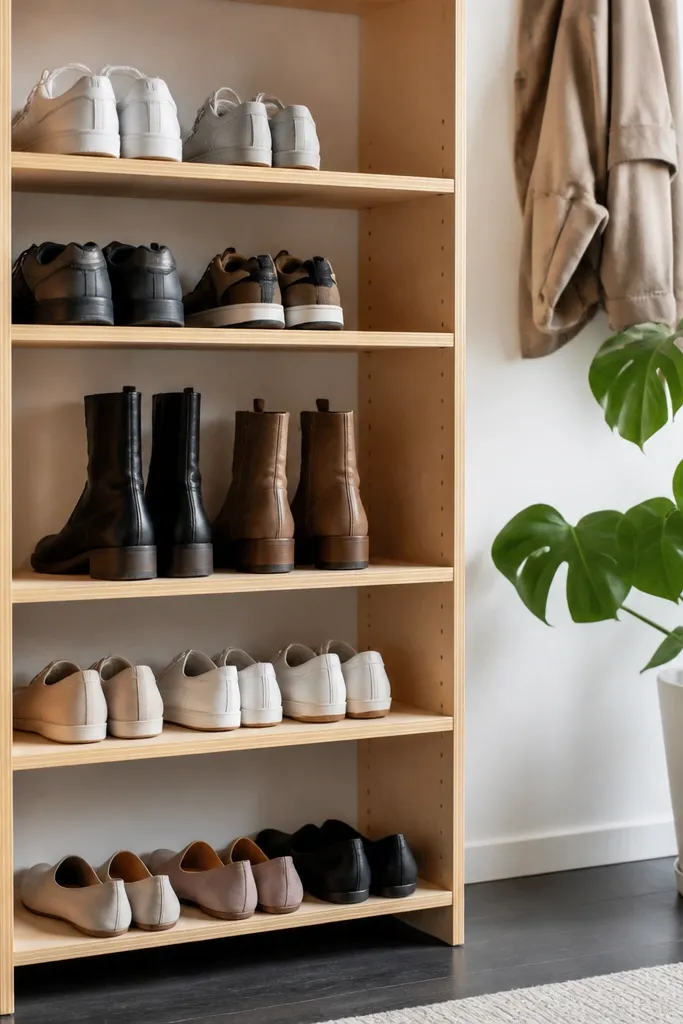Slim wood shoe rack with peg holes and adjustable shelves