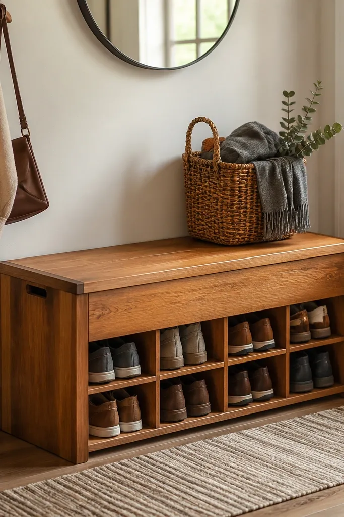 Wood bench-style shoe rack with a lift-up lid revealing storage