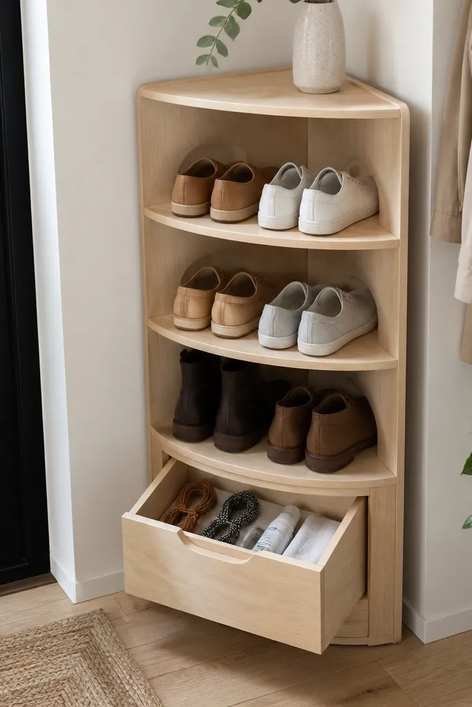 Wood shoe rack with a small removable drawer for laces and care items