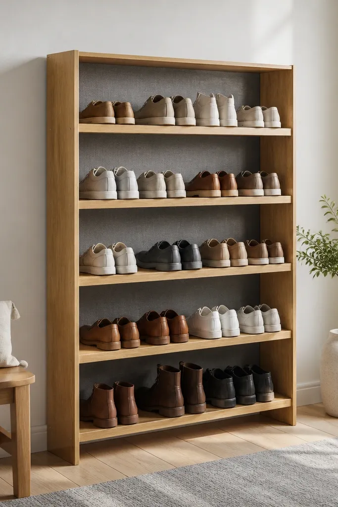 Open front wood shoe rack with a fabric back panel behind shelves