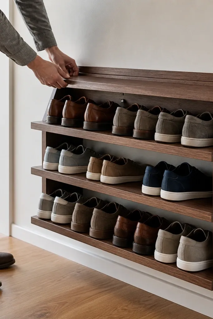 Wall-mounted wood shoe rack with a French cleat and two staggered shelves