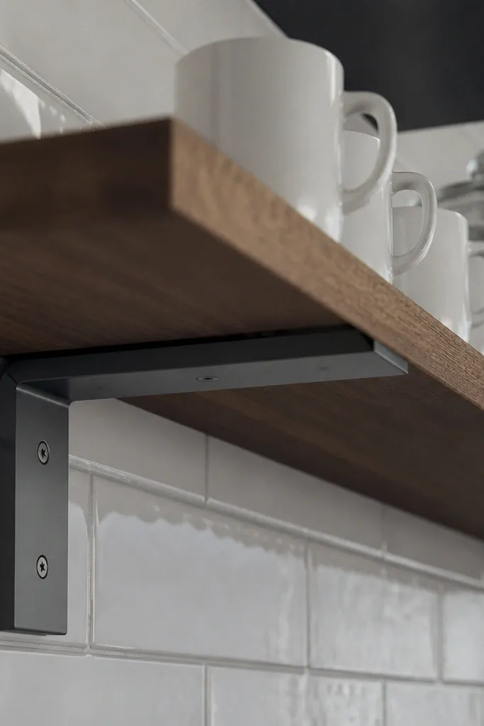 Two matte black steel brackets hidden under a light wood shelf