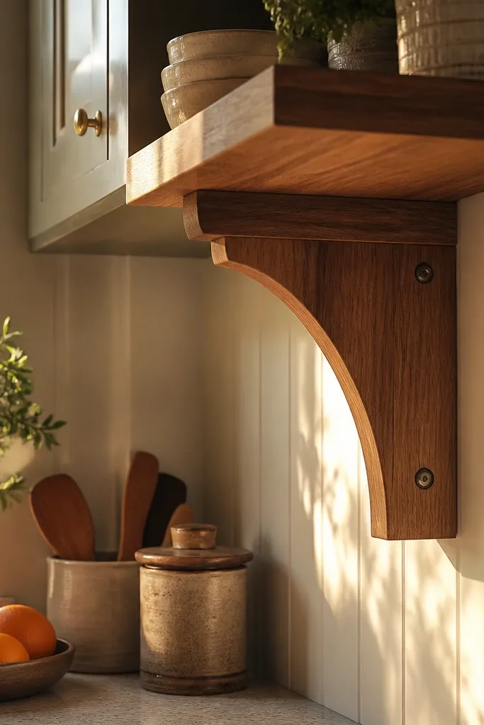 Two carved wood corbels under a white shelf with clean lines