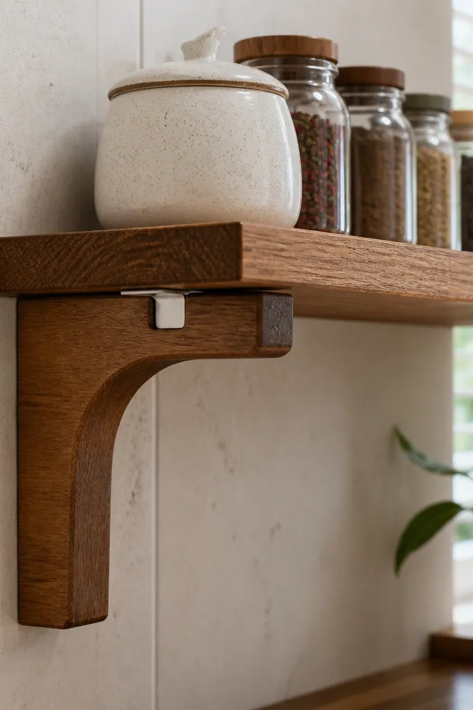 Wood bracket with a hidden metal plate under a floating shelf