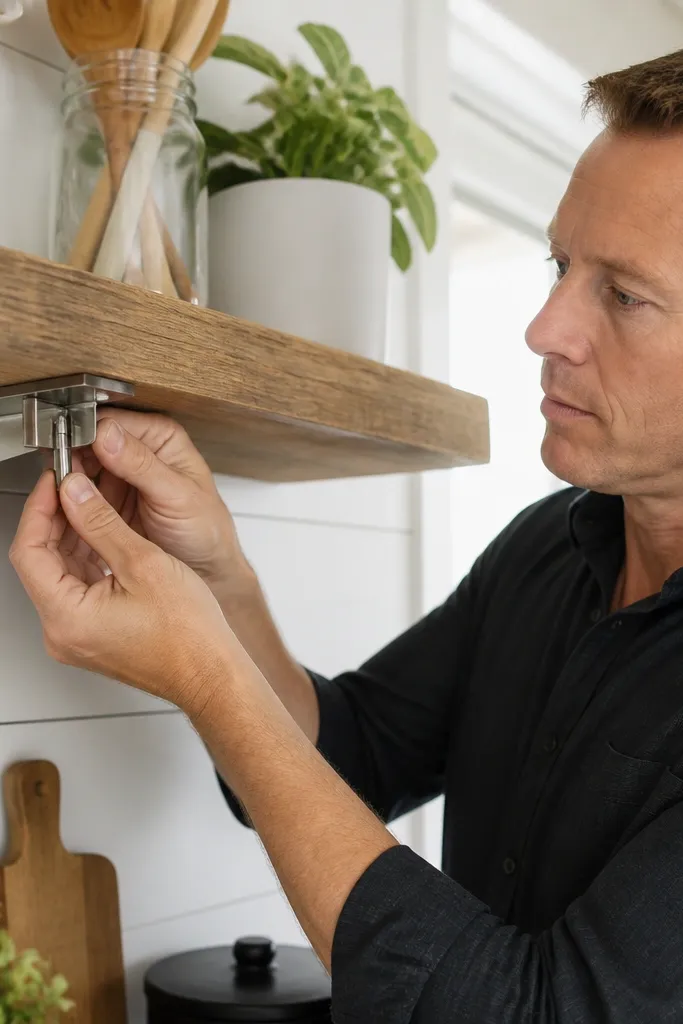 Two concealed metal brackets with a hidden locking pin under a wooden shelf