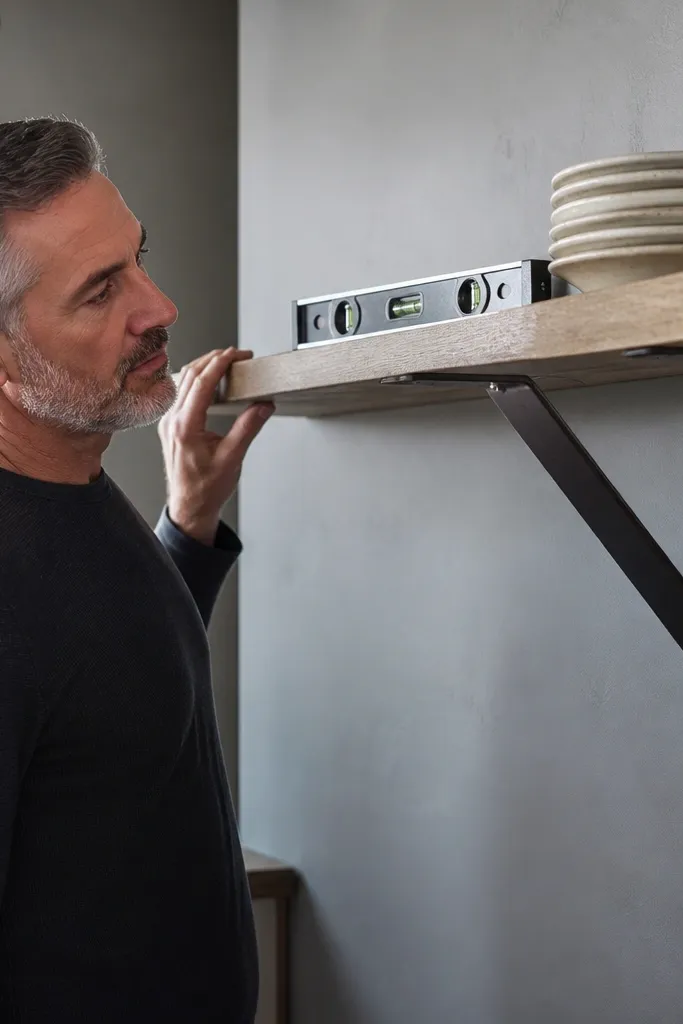 Metal brackets mounted level with thin shims behind them under a floating shelf