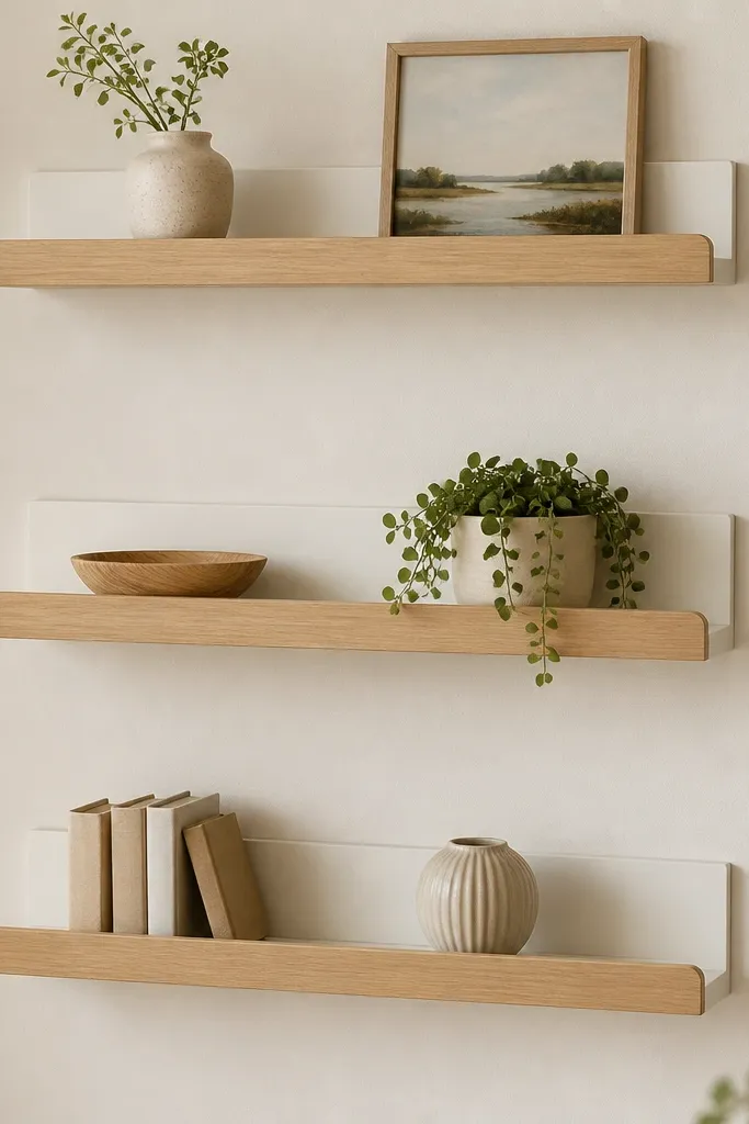 A row of three wooden ledges mounted on the wall, each with a slight lip at the front. The top shows a concealed cleat line, and the wood is painted a soft off-white with natural wood ledge fronts.