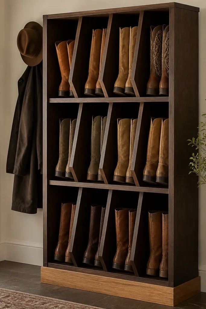 A tall wooden unit with angled boot slots. The compartments are staggered so boots stand with toes down, and the frame is stained dark brown with a lighter oak base.