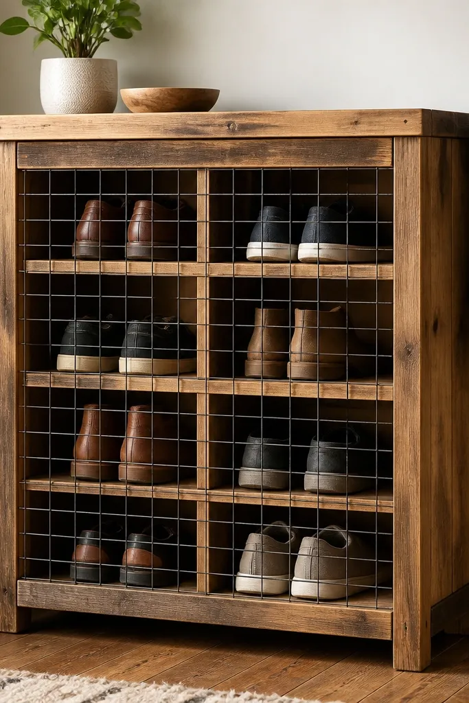A reclaimed pallet shoe rack with a front wire grid panel. The wood is lightly sanded and stained, and the grid creates a see-through look over the open compartments.