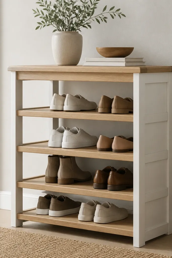 A shoe rack with white painted side frames and natural wood shelves. The sides have simple panel inserts, and the top shelf is slightly wider.