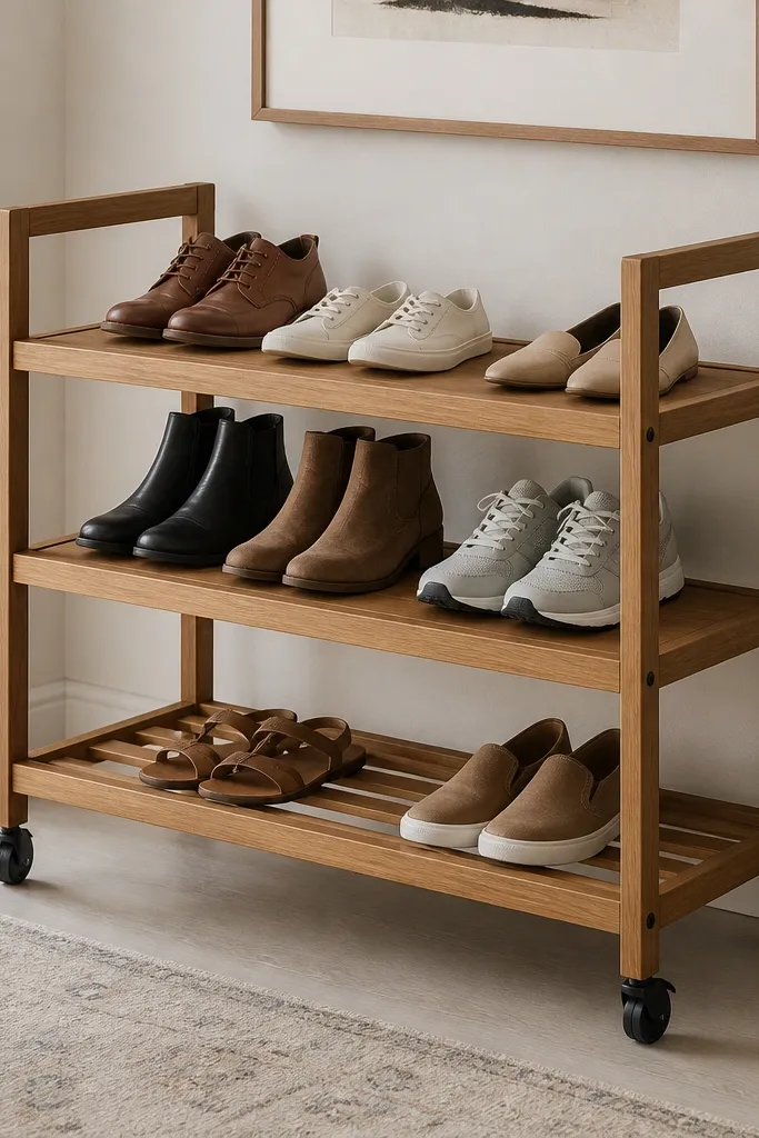 A wooden shoe rack on four locking casters, with open slats on the bottom shelf. The frame is medium oak and the casters are black metal.