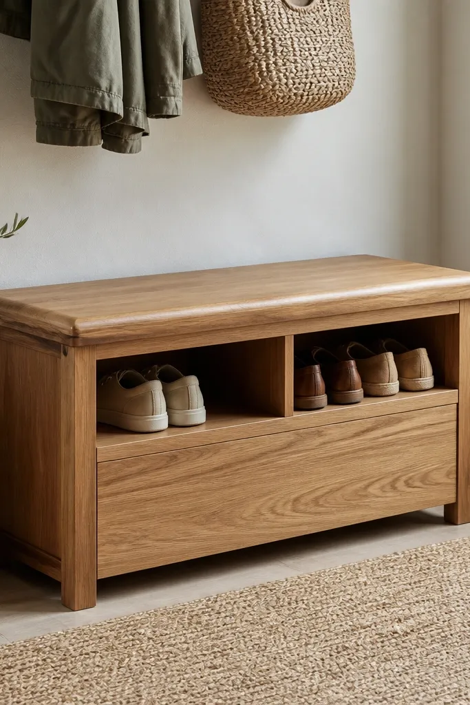 A wooden bench with a hinged top seat. Under the seat are two open shoe compartments, and the front has a simple skirt panel.