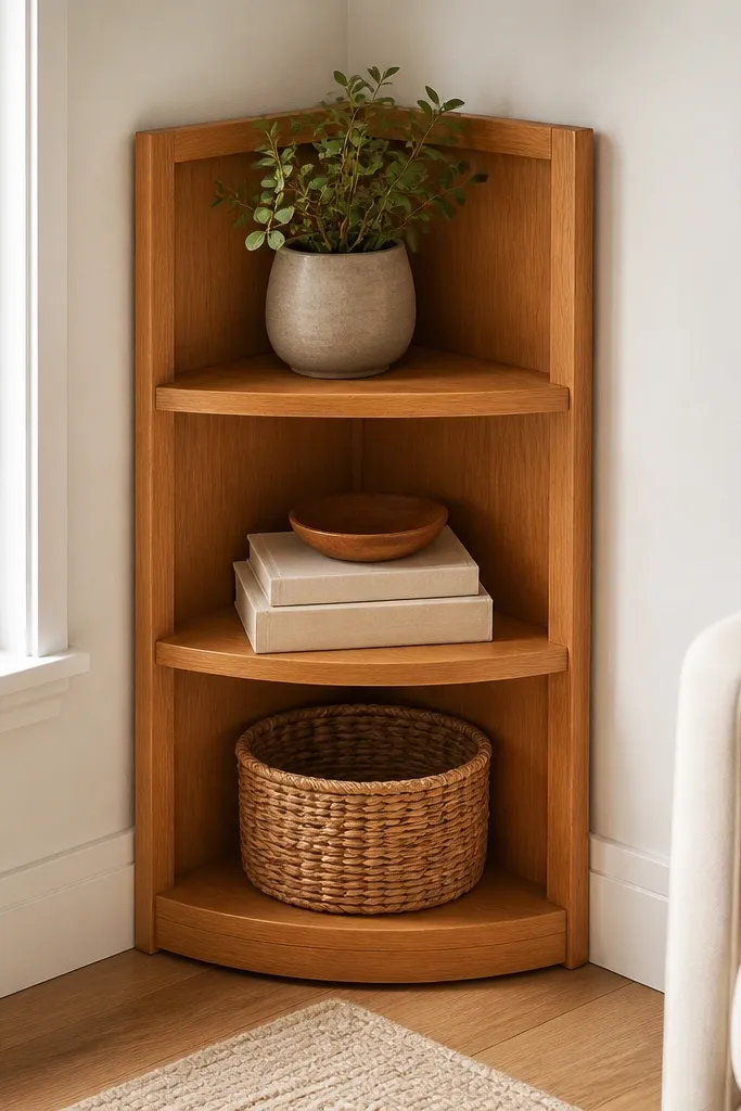 A corner unit with three triangular shelves forming a wedge shape. The wood is stained honey oak and the corners are neatly framed.