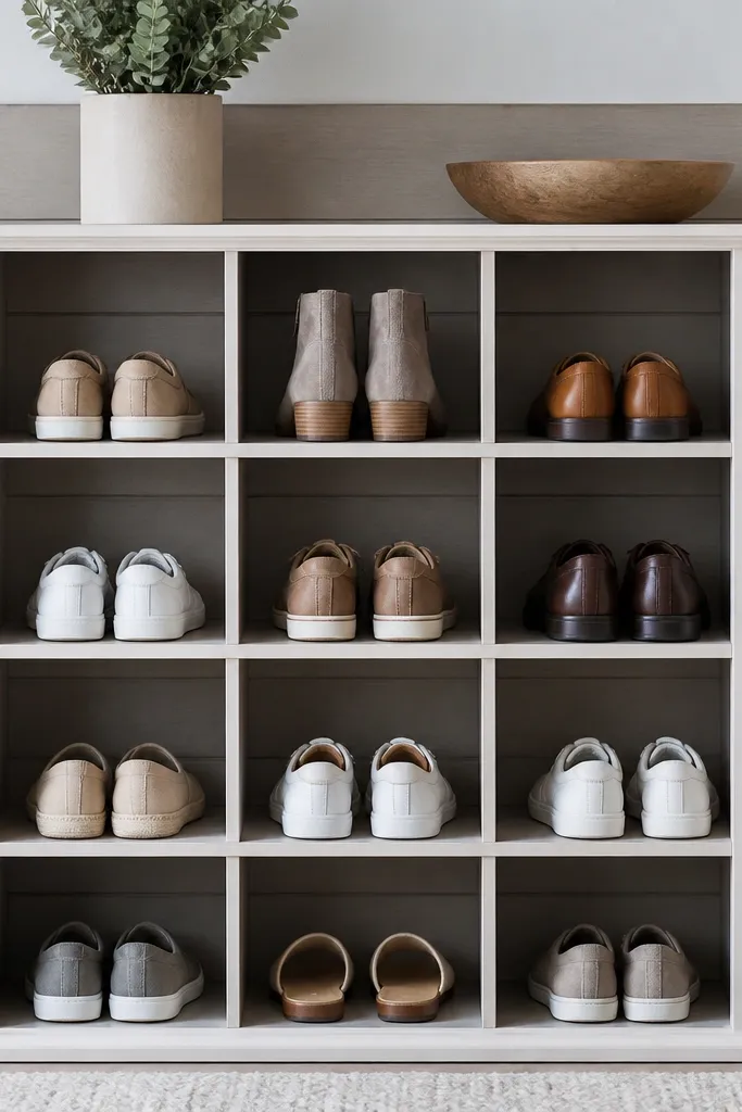 A shoe rack with horizontal boards on the back panel like shiplap. The front shows open cubes in a grid, with a light gray stain and white trim.