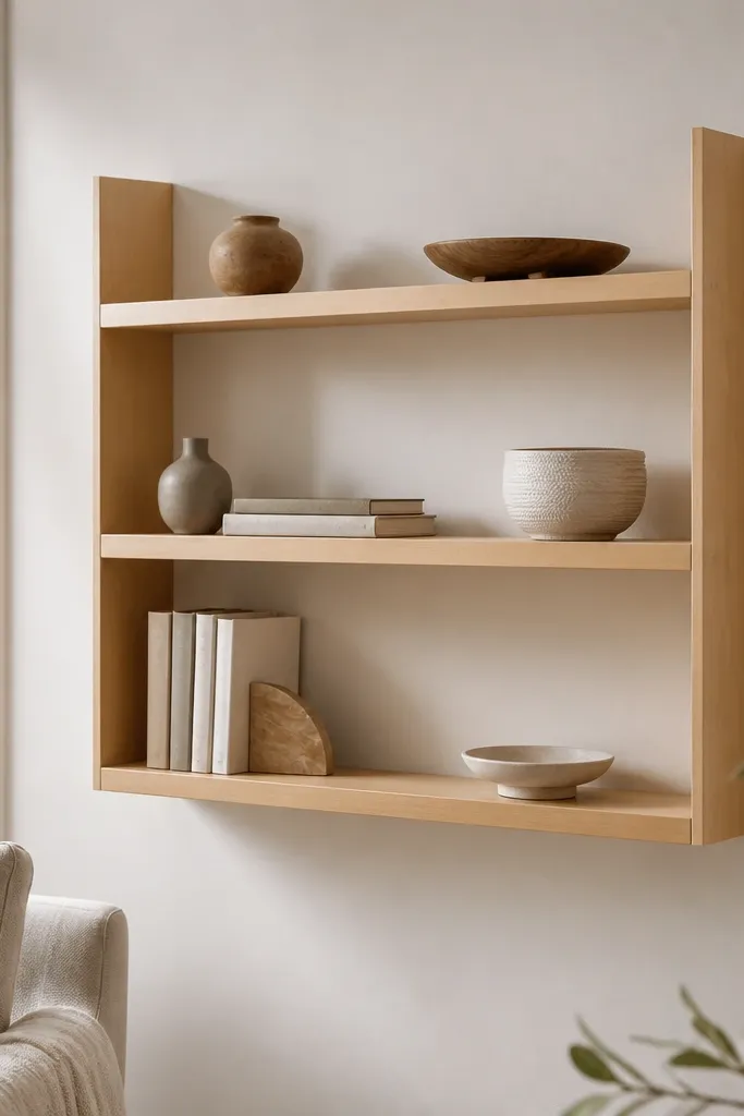 A floating-looking rack with thin side panels and thicker shelf boards. The wood is a natural maple tone with a matte finish and no visible hardware.