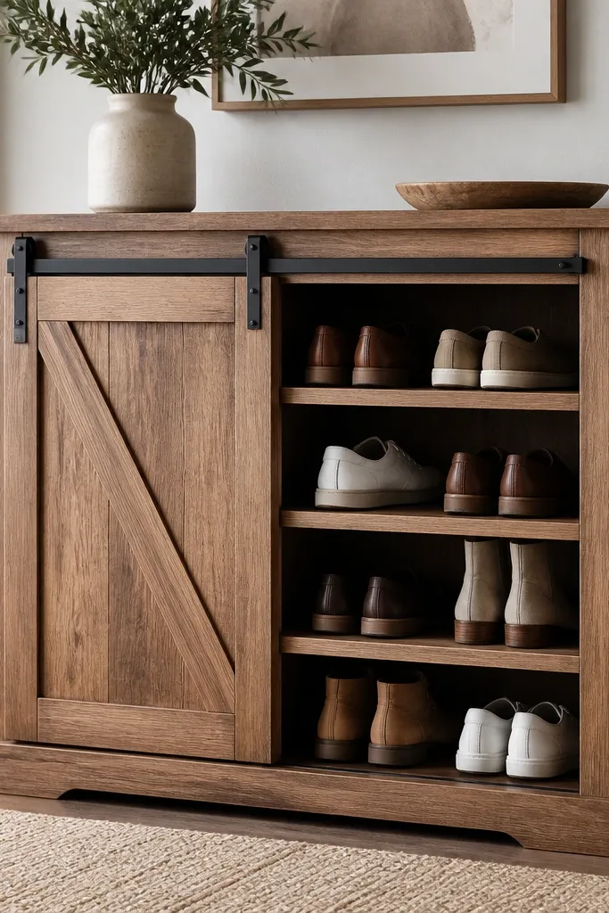 A wooden shoe rack with a sliding barn-style door front. The door is framed wood with a diagonal brace pattern, and the track is black iron.