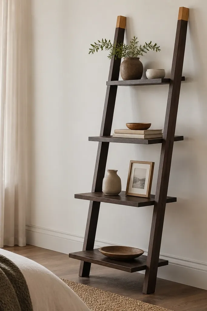 A wooden ladder-style rack leaning against a wall. The steps are shelves at uneven intervals, and the wood is stained dark with a natural light top cap.