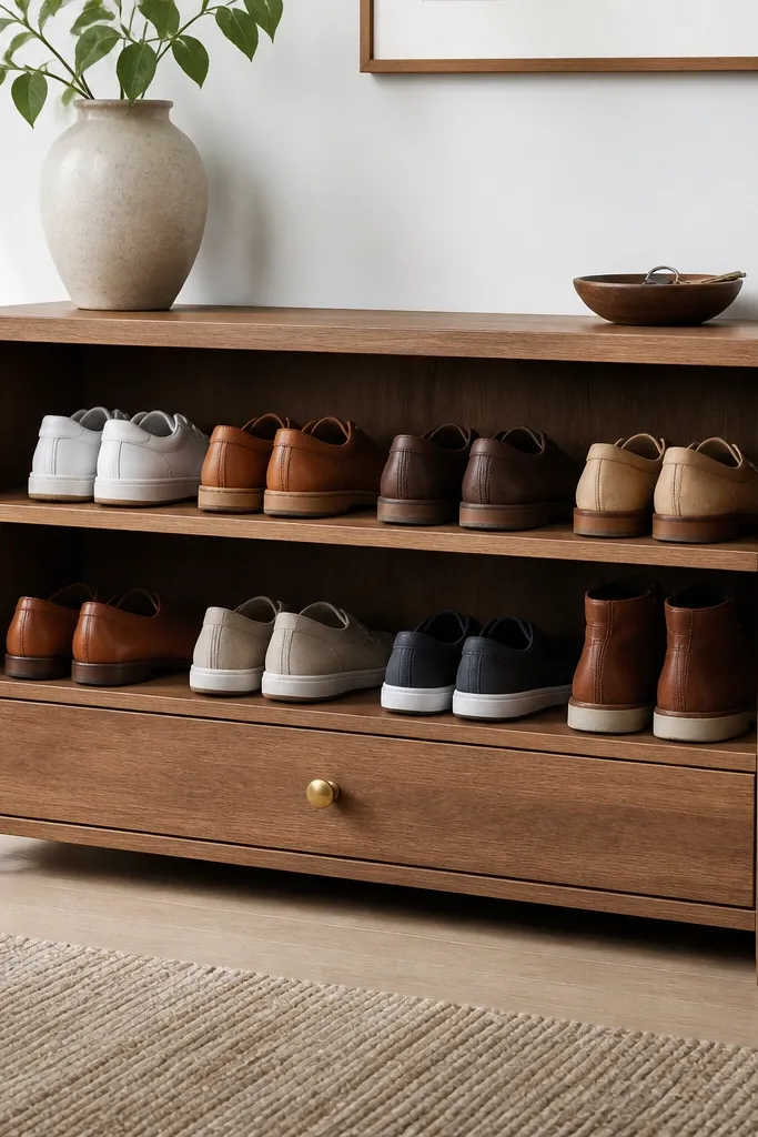 An open wooden shoe rack with a small front drawer at the bottom. The drawer has a brass knob and the shelves are separated into two rows.