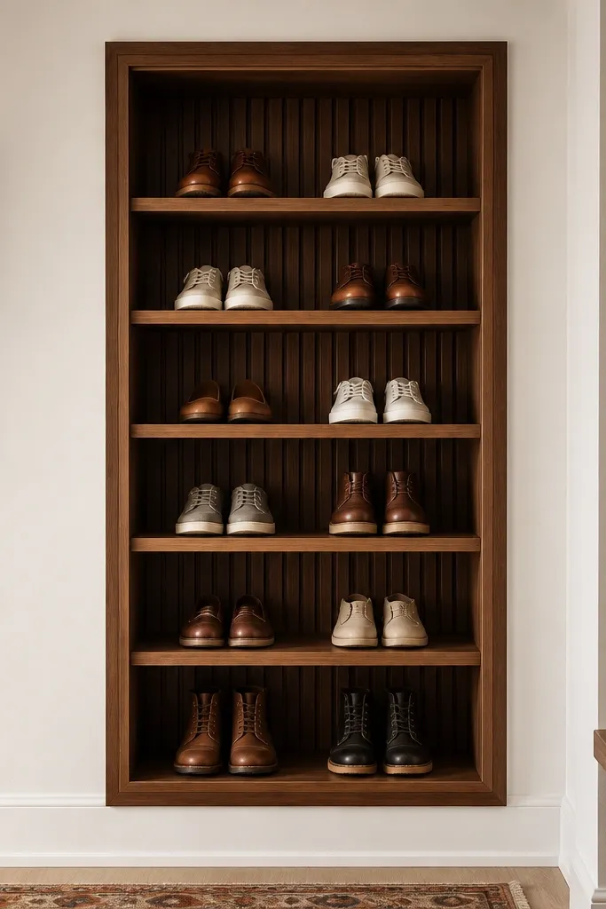 A recessed wooden shoe rack built into a wall niche. The back panel has vertical vent slots, and the shelves are stained medium brown with a clean trim frame.