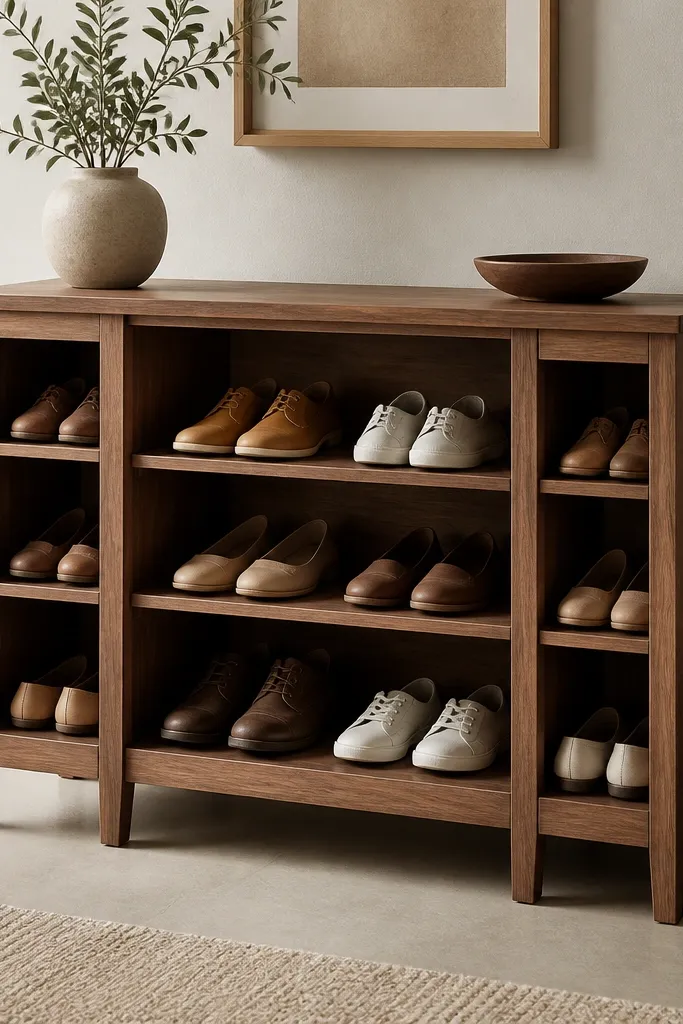 A freestanding wooden shoe rack with compartments on both sides. The center frame is visible and the top has a flat surface.