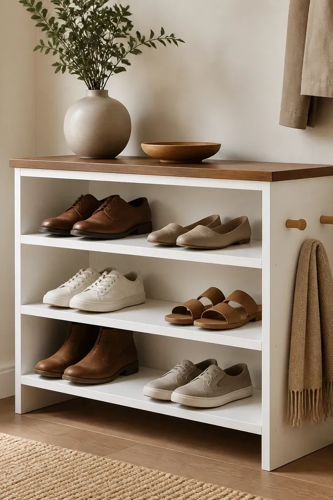 A painted white shoe rack with a walnut top plank. The sides have small wooden pegs or pegs-like details and the shelves are open.