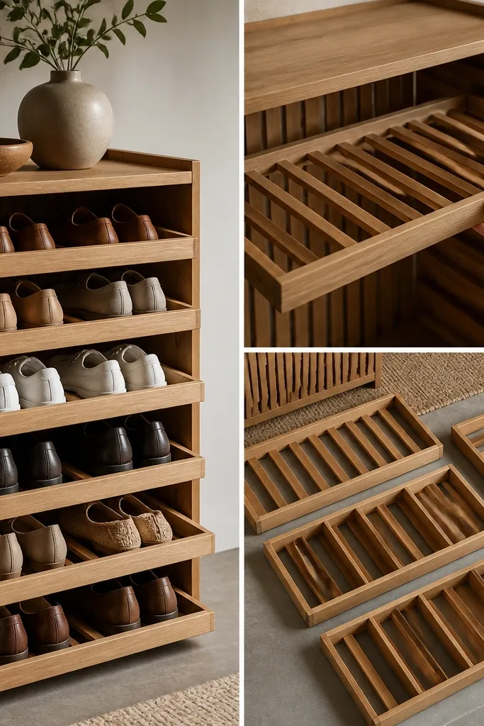 A shoe rack built from wood slats with removable insert trays. Each insert has a slightly different spacing and sits on rails.