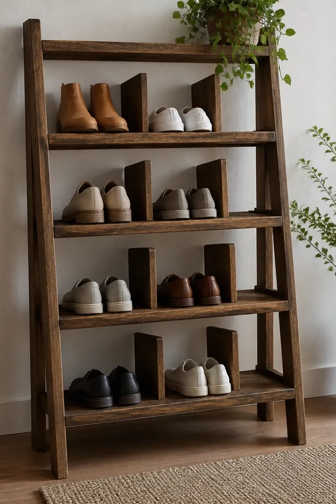 A rustic wooden ladder rack with dividers that look like reversible boards. The wood is a darker stain with visible grain, and the dividers create different shoe slot widths.