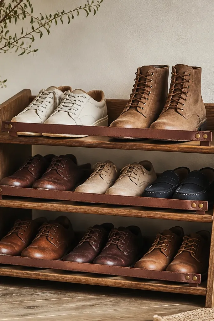 A wooden shoe rack with leather straps holding the front row in place. The straps are brown and fastened with small brass studs.