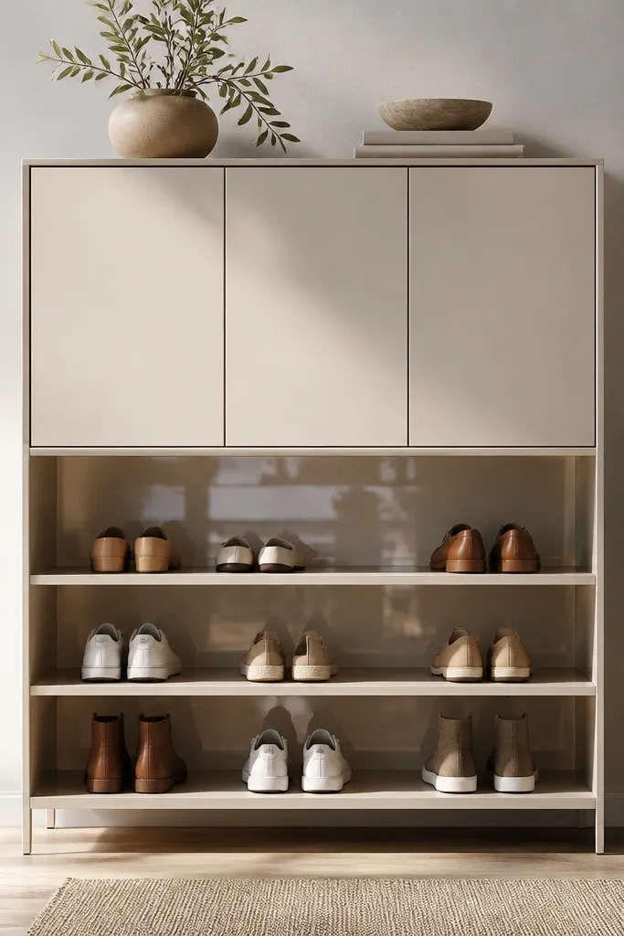A cabinet-style shoe rack with open lower cubbies and a closed upper section. The back panel has a clear, glossy finish that reflects light.