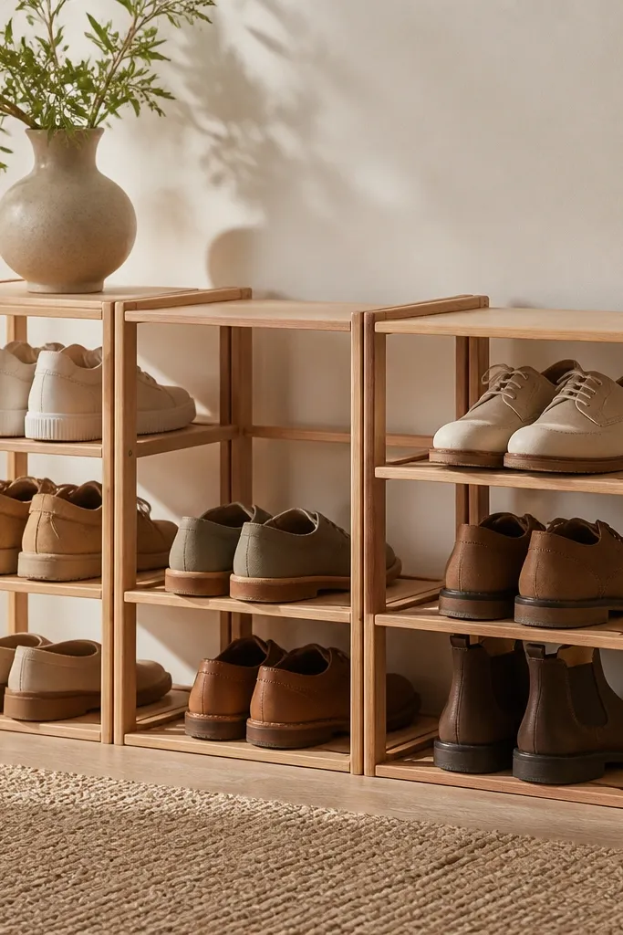 A modular wooden shoe rack with clean lines, low height, and evenly spaced slots. The finish is light and matte, and the frame looks like thin joinery.