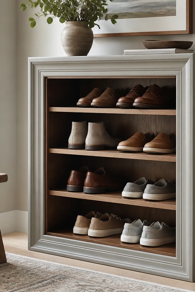 A shoe rack with thick picture-frame trim around the open shelves. The inner shelves are stained and the outer trim is painted a soft gray.