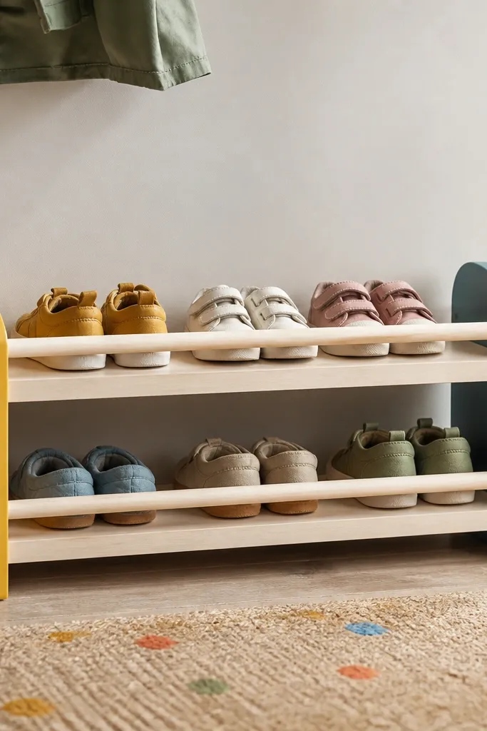 A low wooden shoe rack sized for children, with a front stop rail and two open shelves. The wood is painted in a pale natural tone with bright colored end caps.